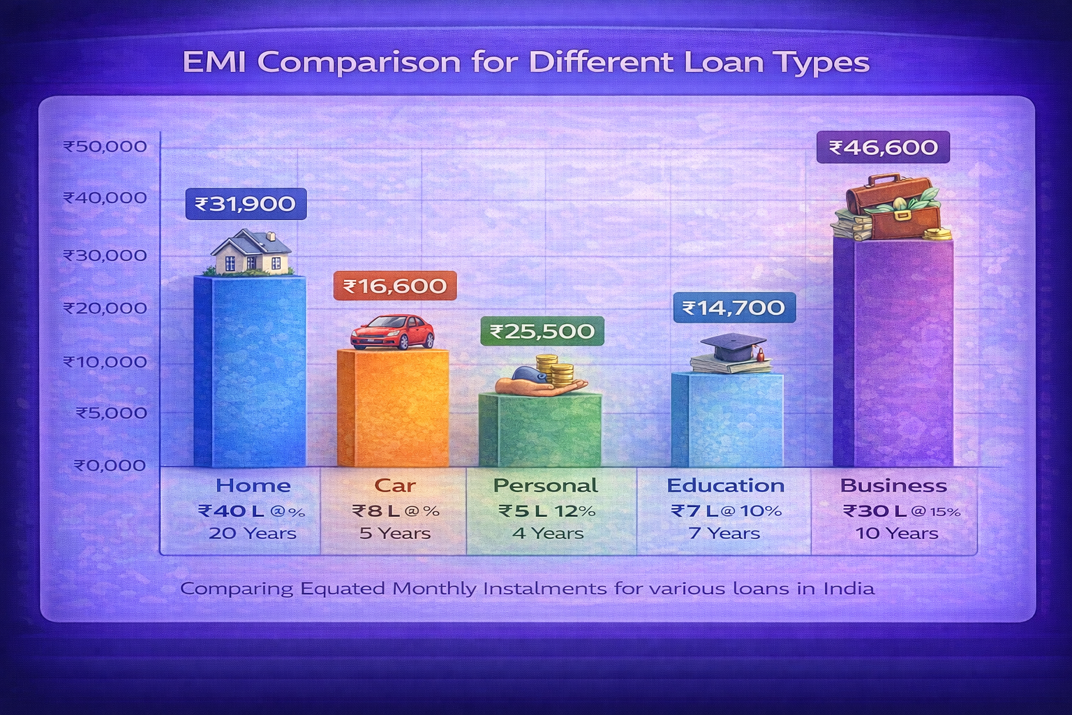 Chart comparing EMI for different loan types home car personal education business with varying rates and tenures in India